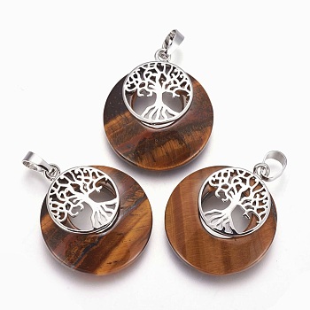 Natural Tiger Eye Pendants, with Platinum Tone Brass Findings, Flat Round with Tree of Life, 32.5~33x27.5~28x5~6mm, Hole: 5x7mm