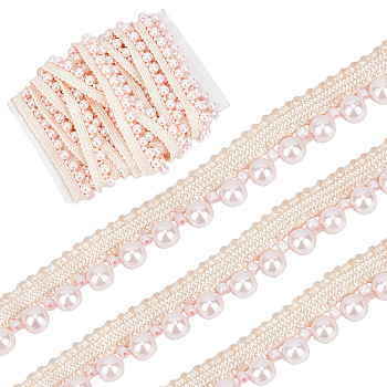 Polyester Lace Trim, with Acrylic Imitation Pearl Beads, Light Salmon, 1/2 inch(13mm), Beads: 6mm, 4.5~5 yards/bag