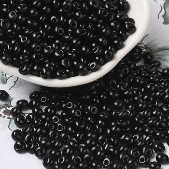6/0 Opaque Baking Paint Glass Seed Beads, Teardrop, Black, 4.5~5x4x3~3.5mm, Hole: 0.9mm, about 5625Pcs/Pound