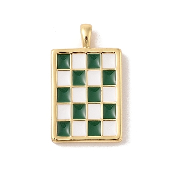 Rack Plating Brass Enamel Pendants, Cadmium Free & Lead Free, Long-Lasting Plated, Real 18K Gold Plated, Rectangle with Tartan Charm, Dark Green, 28x16.5x3mm, Hole: 4x3mm