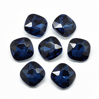 Pointed Back Glass Rhinestone Cabochons, Faceted, Back Plated, Square, Prussian Blue, 10x10x4.5mm