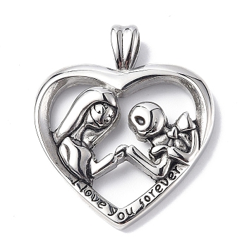 304 Stainless Steel Pendants, Heart with Lovers & Word I Love You Forever Charm, Antique Silver, 37x31x6mm, Hole: 4x7mm