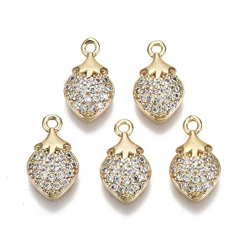 Brass Micro Pave Clear Cubic Zirconia Charms, Nickel Free, Strawberry, Real 18K Gold Plated, 13x8.5x3mm, Hole: 1.2mm