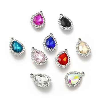 Alloy Glass Pendants, Crystal Rhinestone Teardrop Charm, Platinum, Mixed Color, 23x15.5x6mm, Hole: 2mm