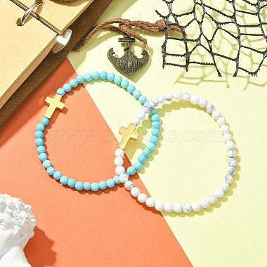 Ensemble de bracelets extensibles en perles croisées en acier inoxydable de style 2pcs 2 style howlite naturelle et turquoise synthétique et 304(BJEW-JB09465-02)-2