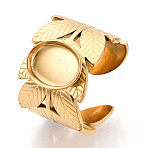 Leaf 304 Stainless Steel Cuff Ring Components, Oval Pad Ring Setting, Ion Plating(IP), Real 18K Gold Plated, Tray: 10x8mm, 14.2mm, Adjustable(STAS-T066-61G)