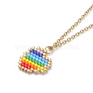 Rainbow Color Japanese Seed Braided Heart Pendant Necklace with 304 Stainless Steel Chains for Women, Colorful, 15.94 inch(40.5cm)(NJEW-MZ00005)