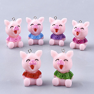 Resin Pendant Rhinestone Settings, with Platinum Tone Iron Findings, Cartoon Piggy with Clothes, Mixed Color, Fit for 2mm Rhinestone, 36x23~24x20mm, Hole: 2mm(RESI-T028-09)