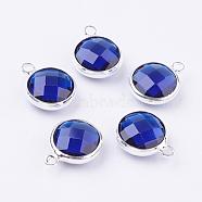 Silver Color Plated Brass Glass Flat Round Charms, Faceted, Blue, 12x8.5x3mm, Hole: 1.5mm(GLAA-M003-A-27S)