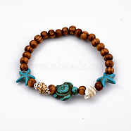 Round Wood Stretch Bracelets, with Dyed Synthetic Turquoise and Spiral Shell Beads, Tortoise and Starfish/Sea Stars, 2-1/8 inch(5.3cm)(X-BJEW-JB03769)