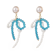 Shell Pearl & Glass Bowknot with Heart Dangle Stud Earrings, Brass Jewelry for Women, Deep Sky Blue, 73mm, Pin: 0.9mm(EJEW-TA00146)