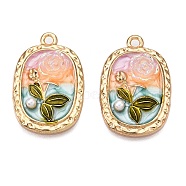 Rack Plating Alloy Enamel Pendants, with ABS Imitation Pearl & Resin, Cadmium Free & Nickel Free & Lead Free, Light Gold, Oval with Flower Charm, PapayaWhip, 26.5x17.5x5mm, Hole: 1.8mm(ENAM-N056-374KCG-01)