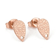 Ion Plating(IP) 304 Stainless Steel Stud Earring Findings, with Hole, Textured Teardrop, Rose Gold, 10x6mm, Hole: 1mm, Pin: 0.8mm(STAS-O119-29RG)