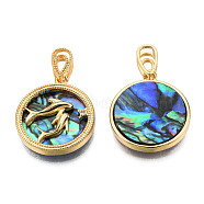 Brass Micro Pave Clear Cubic Zirconia Pendants, with Synthetic Abalone Shell/Paua Shells, Whale Charms, Real 18K Gold Plated, Nickel Free, Flat Round, Colorful, 19x17x3.5mm, Hole: 2mm(KK-N233-408)