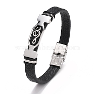 Stainless Steel Musical Note Link Bracelet with Leather Cords for Men, Black, 8-1/2 inch(21.5cm)(PW-WG93702-01)