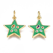 Brass Micro Pave Cubic Zirconia Enamel Charms, with Jump Rings, Nickel Free, Star, Real 16K Gold Plated, Green, 15x13.5x2mm, Jump Ring: 5x0.8mm, 3mm inner diameter(ZIRC-Q200-025C-NF)