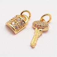 Brass Micro Pave Grade AAA Cubic Zirconia Charms, Long-Lasting Plated, Key and Padlock, Cadmium Free & Nickel Free & Lead Free, Real 18K Gold Plated, 14x7x3mm & 9x6x4mm, Hole: 3mm(ZIRC-G090-29G-NR)