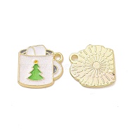 Christmas Theme Rack Plating Alloy Enamel Charms, with Glitter Powder, Light Gold Tone Cup with Christmas Tree Pattern, Seashell Color, 14.5x14.5x1.5mm, Hole: 1.7mm(X-PALLOY-O109-29LG)