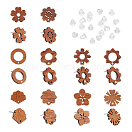 Elite 20Pcs 10 Style Walnut Wood Stud Earring Findings, with 316 Stainless Steel Pins and Holes, Leaf & Flower & Ring & Fan, with 20Pcs Plastic Ear Nuts, Tan, 13.5~18x16.5~18mm, Hole: 1.6~1.8mm, Pin: 0.7mm, 2Pcs/style(MAK-PH0004-32)
