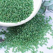 MIYUKI Round Rocailles Beads, Japanese Seed Beads, (RR1015) Silverlined Light Green AB, 11/0, 2x1.3mm, Hole: 0.8mm, about 1100pcs/bottle, 10g/bottle(SEED-JP0008-RR1015)