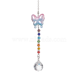 Glass Teardrop Pendant Decorations, with Acrylic Butterfly and Glass Beads for Home Decorations, Clear, 232mm(HJEW-JM01581-01)