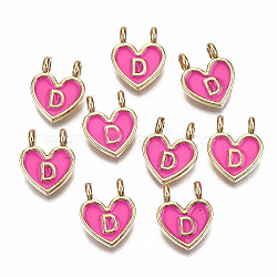 Alloy Enamel Charms, Cadmium Free & Lead Free, Heart with Initial Letters, Light Gold, Deep Pink, Letter.D, 14.5x11.5x4.5mm, Hole: 2mm(ENAM-T012-02D-RS)