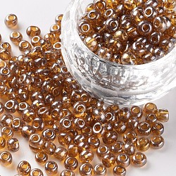 Glass Seed Beads, Trans. Colours Lustered, Round, Dark Goldenrod, 4mm, Hole: 1.5mm, about 500pcs/50g, 50g/bag, 18bags/2pounds(SEED-US0003-4mm-102C)