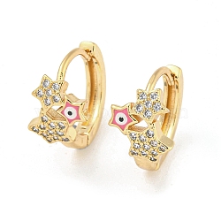 Star with Evil Eye Real 18K Gold Plated Brass Hoop Earrings, with Enamel and Clear Cubic Zirconia, Pink, 15.5x9.5mm(EJEW-L269-084G-02)