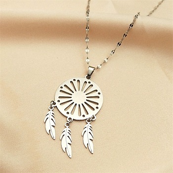 Woven Net/Web with Feather 304 Stainless Steel Pendant Necklaces for Women, Stainless Steel Color, 15.87 inch(40.3cm)