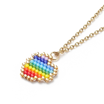 Rainbow Color Japanese Seed Braided Heart Pendant Necklace with 304 Stainless Steel Chains for Women, Colorful, 15.94 inch(40.5cm)