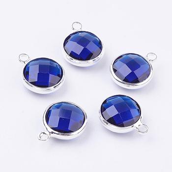 Silver Color Plated Brass Glass Flat Round Charms, Faceted, Blue, 12x8.5x3mm, Hole: 1.5mm