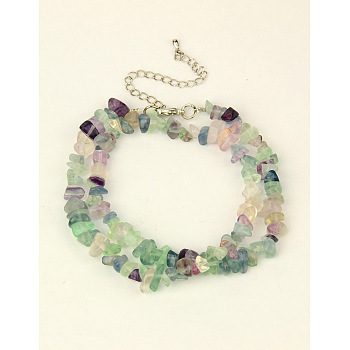 Natural Fluorite Multi-strand Bracelets, with Brass Lobster Claw Clasps, Platinum Metal Color, Colorful, 410mm