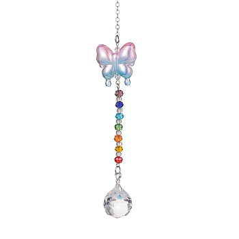Glass Teardrop Pendant Decorations, with Acrylic Butterfly and Glass Beads for Home Decorations, Clear, 232mm