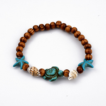 Round Wood Stretch Bracelets, with Dyed Synthetic Turquoise and Spiral Shell Beads, Tortoise and Starfish/Sea Stars, 2-1/8 inch(5.3cm)