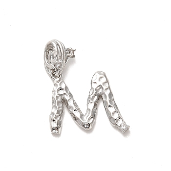 Rack Plating Brass Micro Pave Cubic Zirconia European Dangle Charms, Large Hole Letter Pendant, Platinum, Long-Lasting Plated, Cadmium Free & Lead Free, Letter M, 29mm, Charm: 15.5x18x2mm, Hole: 4x2.5mm
