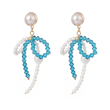 Shell Pearl & Glass Bowknot with Heart Dangle Stud Earrings, Brass Jewelry for Women, Deep Sky Blue, 73mm, Pin: 0.9mm