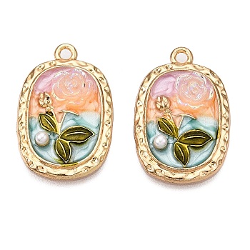 Rack Plating Alloy Enamel Pendants, with ABS Imitation Pearl & Resin, Cadmium Free & Nickel Free & Lead Free, Light Gold, Oval with Flower Charm, PapayaWhip, 26.5x17.5x5mm, Hole: 1.8mm