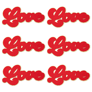 Word Love Towel Embroidery Cloth Iron on/Sew on Patches, Costume Accessories, Appliques, with Gold Edge, Red, 126x246x3mm, 6pcs/box