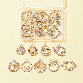 DIY Jewelry Making Finding Kit, Inlcuding Alloy Crystal Rhinestone Pendants & Connector Charms, Ring & Heart & Bowknot & Tree, Light Gold, 17~21.5x14~25x1.5~2.5mm, Hole: 1.4~2mm, 20Pcs/box