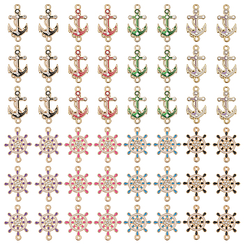 48Pcs 8 Styles Alloy Enamel Connector Charms, Anchor & Helm Links with Crystal Rhinestone, Light Gold, Cadmium Free & Nickel Free & Lead Free, Mixed Color, 22~23x12~26.8x1.7~2mm, Hole: 1.2~1.6mm, 6pcs/style