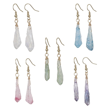 Dyed Natural Quartz Crystal Dangle Earrings, Twist Teardrop, Mixed Color, 47~52x6.5~10mm
