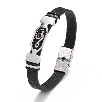 Stainless Steel Musical Note Link Bracelet with Leather Cords for Men, Black, 8-1/2 inch(21.5cm)