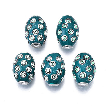 Handmade Indonesia Beads, with Alloy Findings, Oval, Antique Silver, Teal, 21~22x15~16mm, Hole: 3mm