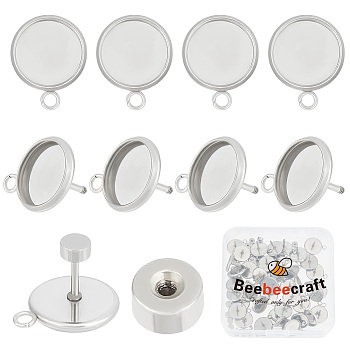50 Sets 304 Stainless Steel Stud Earring Finding, Flat Round Earring Settings, with Horizontal Loops and Ear Nut, Cadmium Free & Nickel Free & Lead Free, Stainless Steel Color, 16mm, Hole: 2.4mm, Tray: 10mm, Pin: 1mm