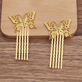 Brass Hair Comb Findings, Filigree Butterfly, Golden, 35x25mm