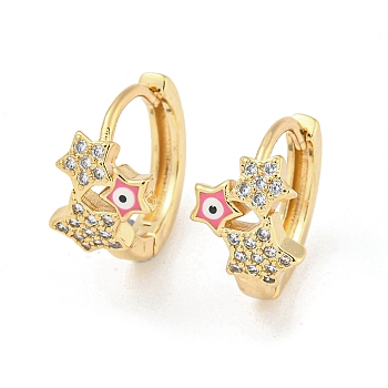 Star with Evil Eye Real 18K Gold Plated Brass Hoop Earrings, with Enamel and Clear Cubic Zirconia, Pink, 15.5x9.5mm