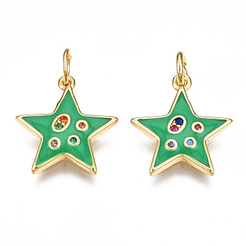Brass Micro Pave Cubic Zirconia Enamel Charms, with Jump Rings, Nickel Free, Star, Real 16K Gold Plated, Green, 15x13.5x2mm, Jump Ring: 5x0.8mm, 3mm inner diameter