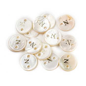 Freshwater Shell Buttons, Flat Round , Letter N, 12x2mm, Hole: 1.6mm