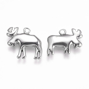 304 Stainless Steel Pendants, Christmas Reindeer/Stag, Stainless Steel Color, 11~14x14~15x3mm, Hole: 1.5mm