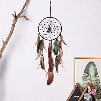Woven Web/Net with Feather Wall Hanging Decorations, with Iron Ring, for Home Bedroom Decorations, Ring, 580~610x195~200mm